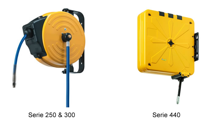 Automatik-Schlauchaufroller Serie 250, 300 und 440:  Geschlossenes Gehäuse in Stahlblech-Ausführung