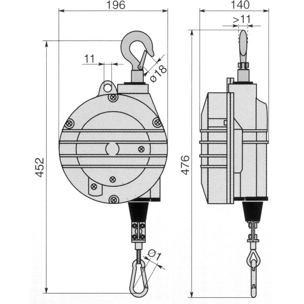 Federzug-Balancer für EX-Schutzzonen, technische Zeichnung Serie 9354AX - 9355AX